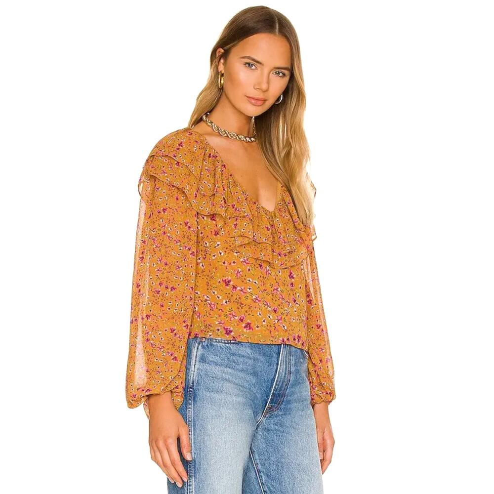 Tularosa Orion Top Peasant‎ Blouse Floral Yellow Long SleeveSz S Ruffle - Picture 2 of 11